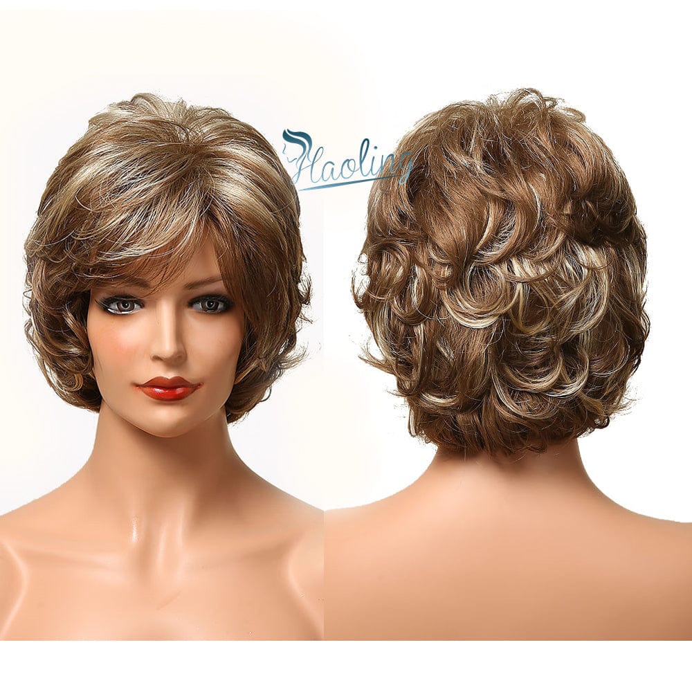 406-1 HAOLING Short Women's Wig Layered Brown to Light Blonde Ombre Wigs with Side Bangs Pixie Cut Synthetic Hair Wigs