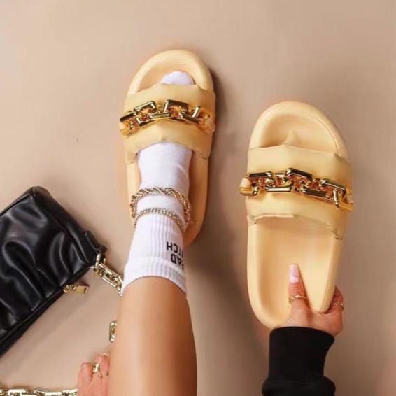 41-42 / Beige Female Large Size Shoes Big Metal Artificial Leather Slides Twist Chain Slippers Summer Women Beach Open Toe Flat Sandals