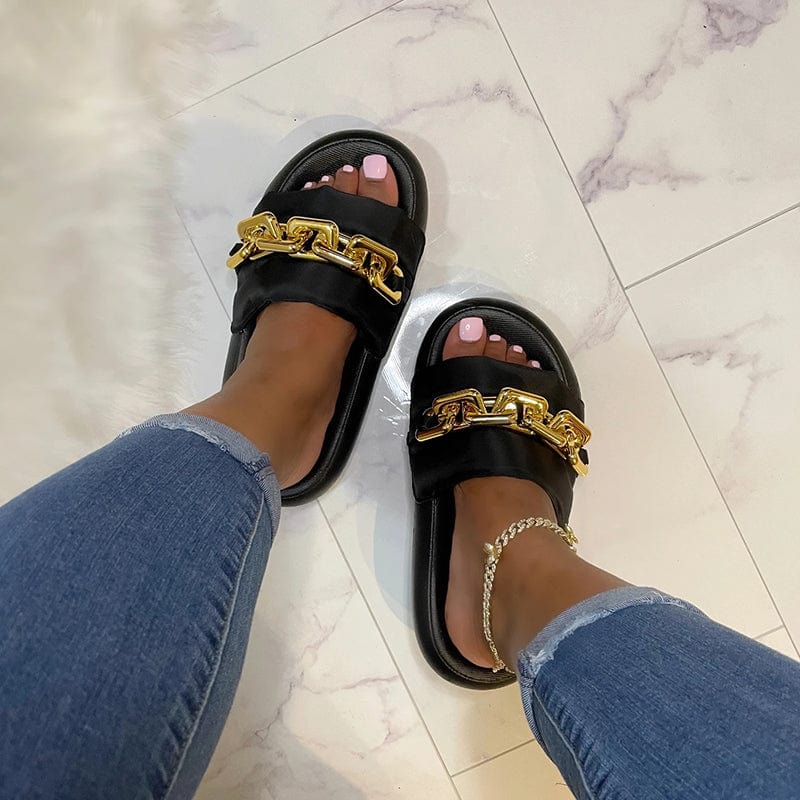 41-42 / Black Female Large Size Shoes Big Metal Artificial Leather Slides Twist Chain Slippers Summer Women Beach Open Toe Flat Sandals