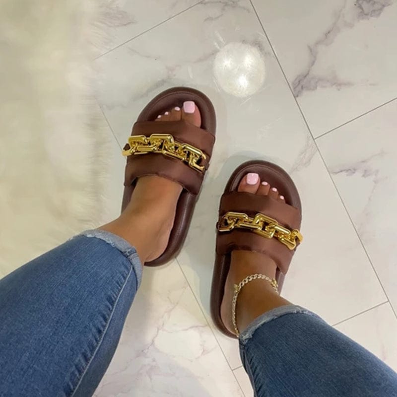 41-42 / Brown Female Large Size Shoes Big Metal Artificial Leather Slides Twist Chain Slippers Summer Women Beach Open Toe Flat Sandals