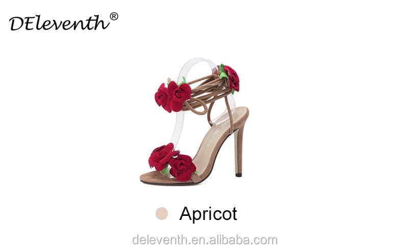 41 / apricot 300-6 DEleventh shoes Wholesale Suede Rose Flower Heels Cross Strap High Heels Thin Heeled Sandals Fashion Women Shoes in stock