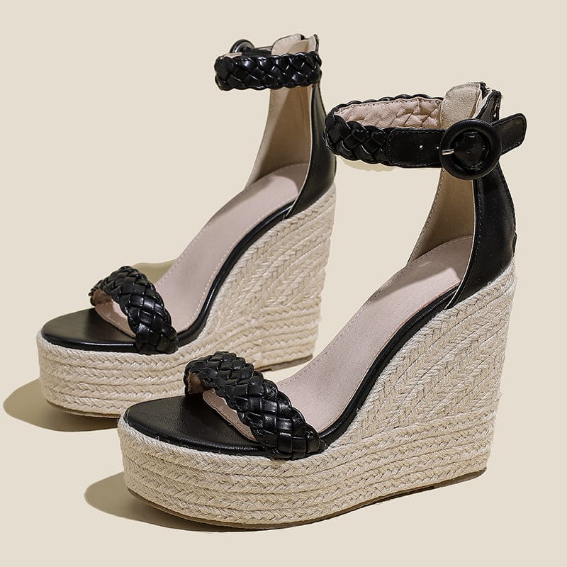 41 / Black Fashion Summer NEW 2022 Rome Wedges Platform Weave Heel Thin Heels Classics PU Shoes Buckle Strap 35-42 Women's Sandals