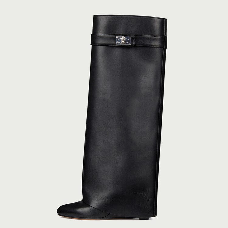 41 / black Microfiber Leather Women's Overlay Slip-on Winter Knee High Boots Round Toe Wedge High Heels Women Shoes Big Size 43