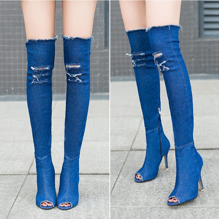 41 / Blue-3 PDEP New Arrival Denim Peep Toe Thing High Heel Long Women Boots Low MOQ Fashion Boots For Ladies