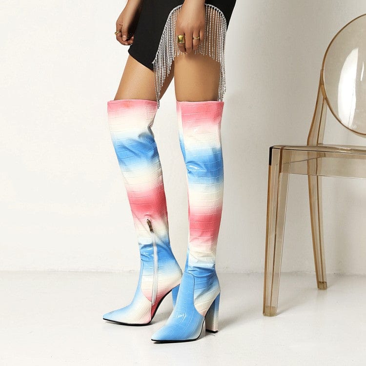 41 / Blue Female Over the Knee High Heel Boots Sexy Gradient Pointed Toe Thick Heel Knee Boots for Ladies High Quality Chengdu Shoes