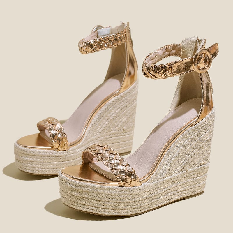 41 / Champagne Fashion Summer NEW 2022 Rome Wedges Platform Weave Heel Thin Heels Classics PU Shoes Buckle Strap 35-42 Women's Sandals