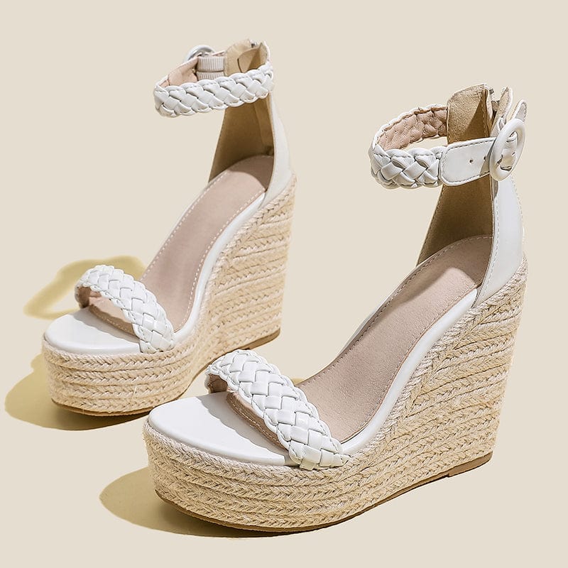 41 / White Fashion Summer NEW 2022 Rome Wedges Platform Weave Heel Thin Heels Classics PU Shoes Buckle Strap 35-42 Women's Sandals