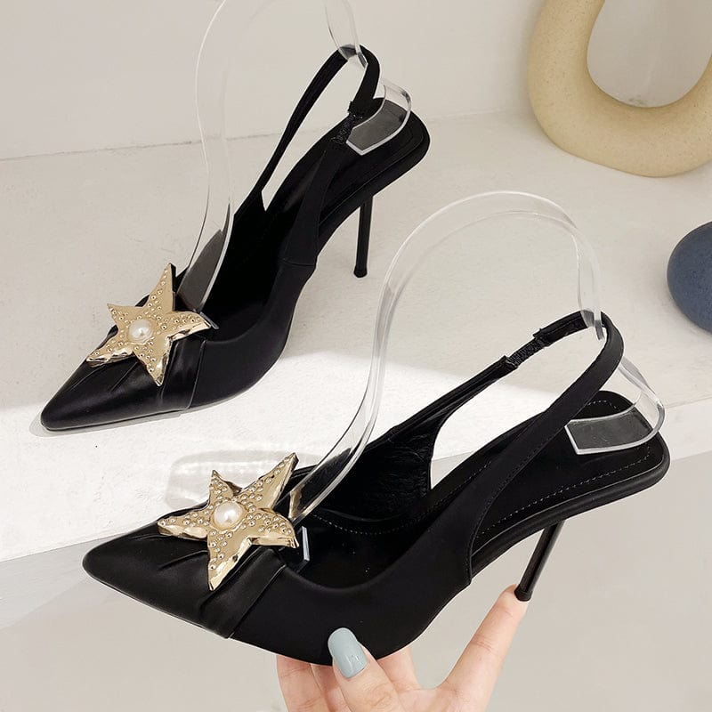 42 / Black Pointed end five-pointed star Satin Silk&PU Pumps 2023 Summer Stripper Spring Lady High Heels Slip On Party Prom Women Shoes