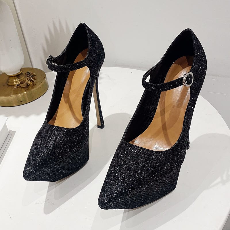 42 / Black Sexy Bling Sequined Cloth Pointed Toe 2023 Summer Super High Thin Heel Pumps Platform Ankle Buckle Strap Night-Club Women Shoes