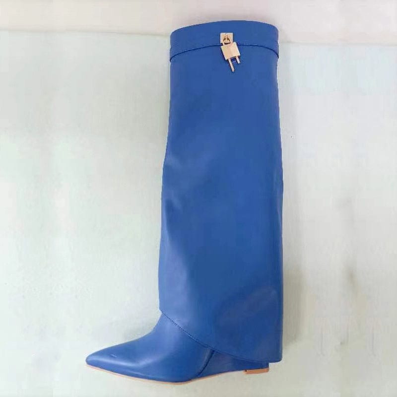 42 / Blue Fashion Designer Pointed Toe Stone Pattern Shark Lock Knee High Boots Wedge High Heel Metallic Overlady Winter Season Long Boots