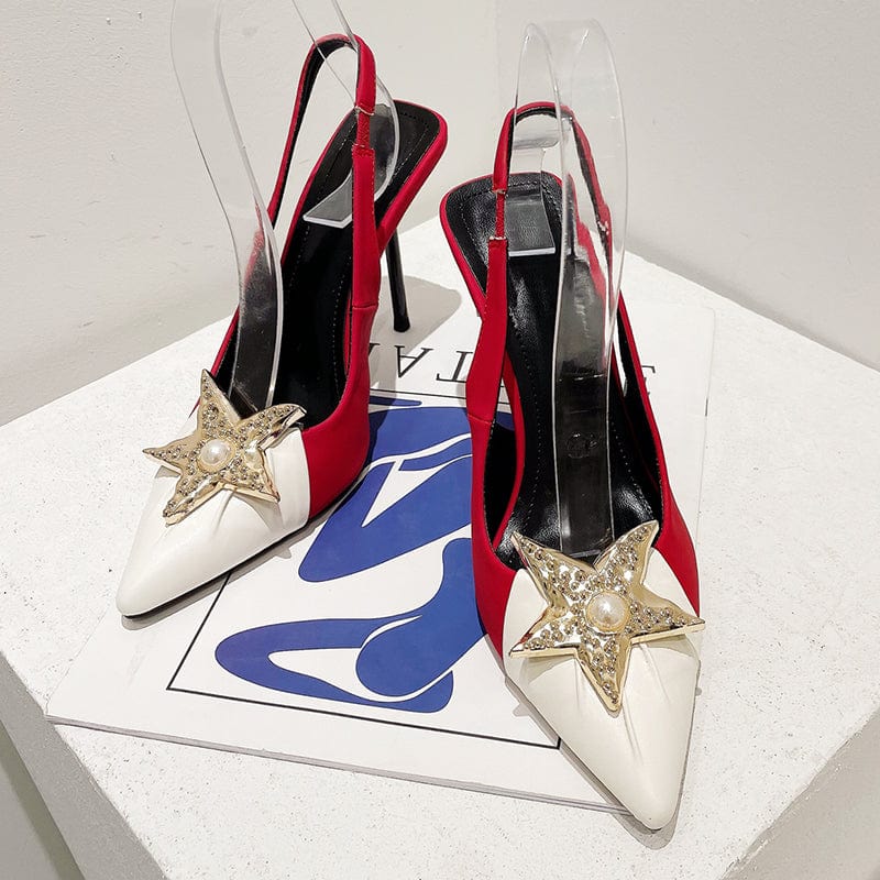 42 / Red Pointed end five-pointed star Satin Silk&PU Pumps 2023 Summer Stripper Spring Lady High Heels Slip On Party Prom Women Shoes