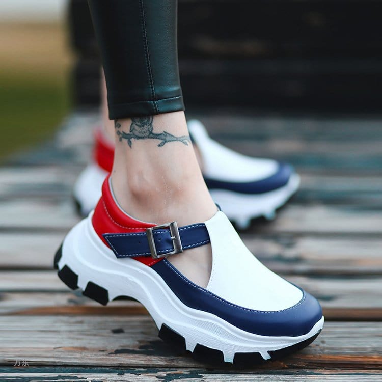 42 (US Size 10) / Blue LESLIDES Wholesale Women's Casual Shoes Summer Walking Style Leather Thick-soled Buckle Brock Height Increasing Sneaker Shoes