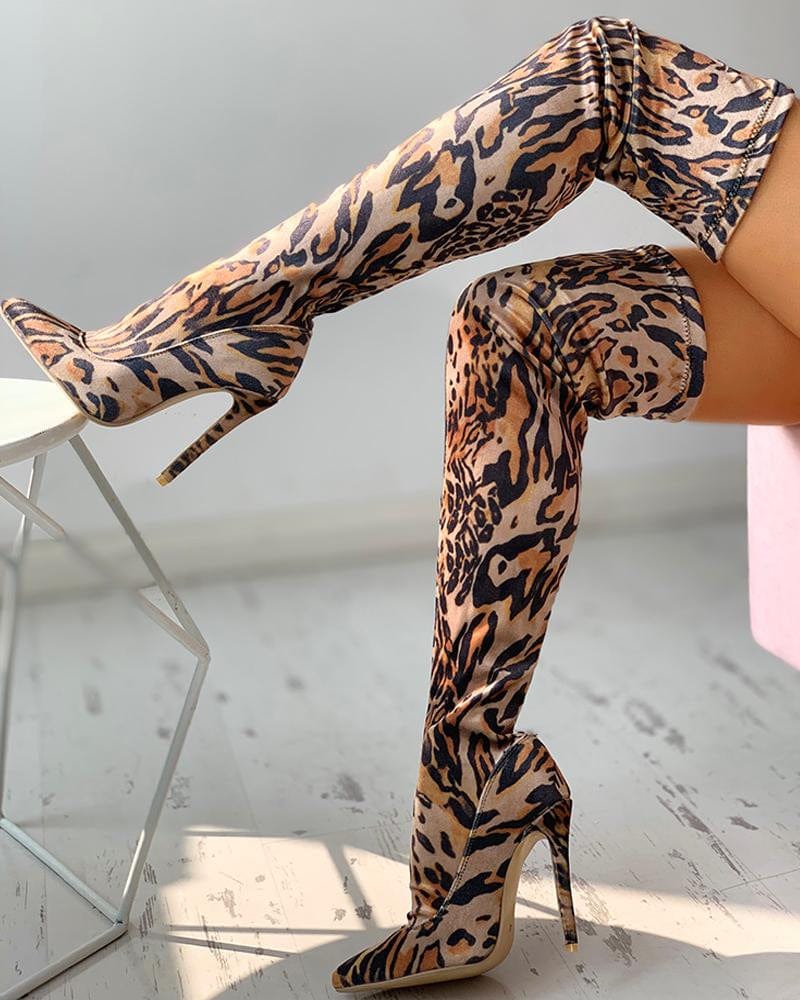 43 / 1 LW fashion latest leopard printed stretch over the knee thigh high heels boots women shoes plus size manufacturer wholesale