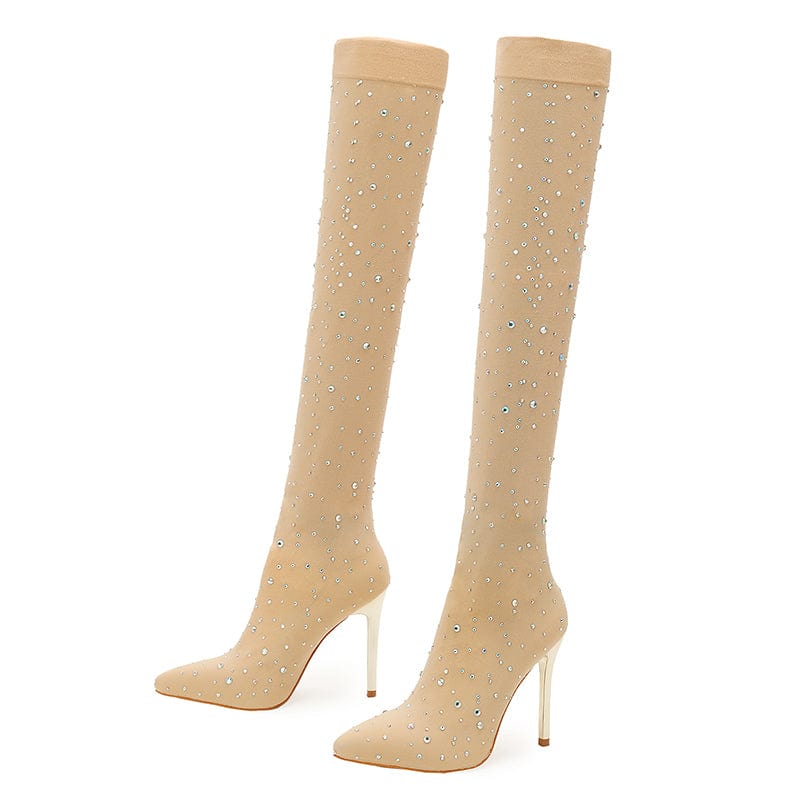 43 / Apricot Rhinestone Elastic Knee-High Boots 2023 New Pointed Toe Stiletto Solid High-heeled High Slip On lady Pumps Shoes Women Boots