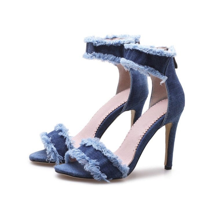 43 / Blue TX Summer new style women's sandals stiletto heel hollow open toe European and American denim blue women's shoes