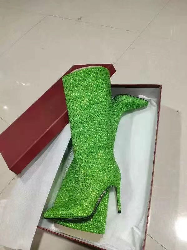 43 / Green PDEP  luxury pointed toe designer women rhinestone boots 2022 shining crystal over the knee high thin heel boots for ladies