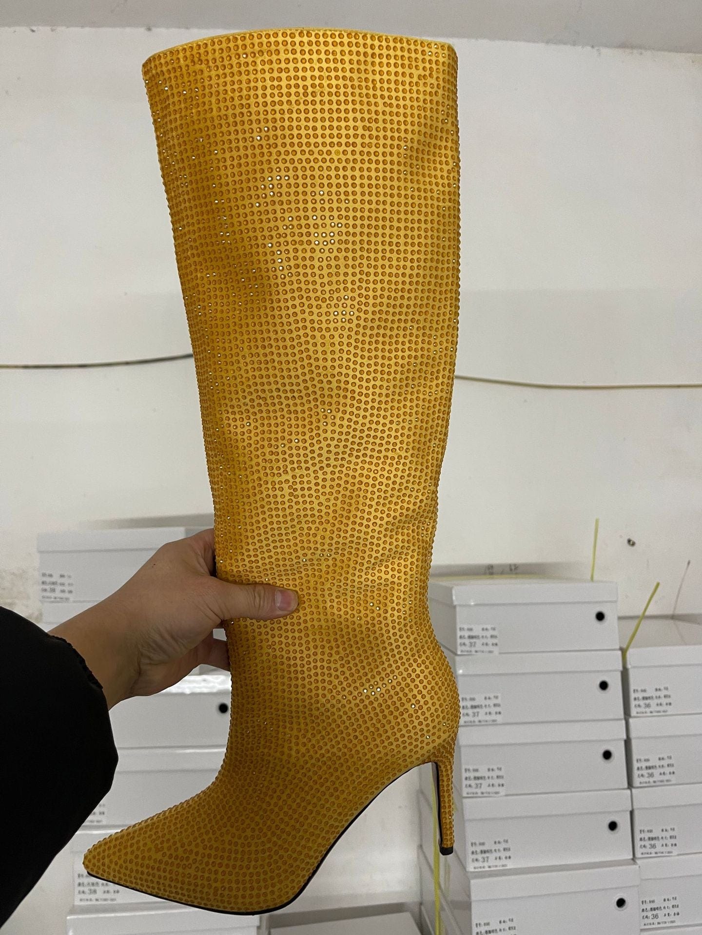 43 / Yellow PDEP  luxury pointed toe designer women rhinestone boots 2022 shining crystal over the knee high thin heel boots for ladies