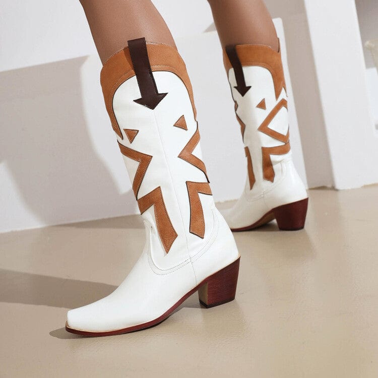 44 / White New Style 2023 Women's Cowboy Knee High Boots Chunky Heel Square Toe Women's Shoes Black White Slip-on Girls Knight Long Boots