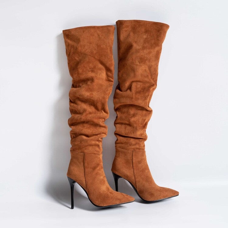 45 / Camel New Style Suede Fashion Folds Over Knee Boots High Heels Stiletto Shoes Ladies Elegant Brown Plush Lining Long Booties Size 14