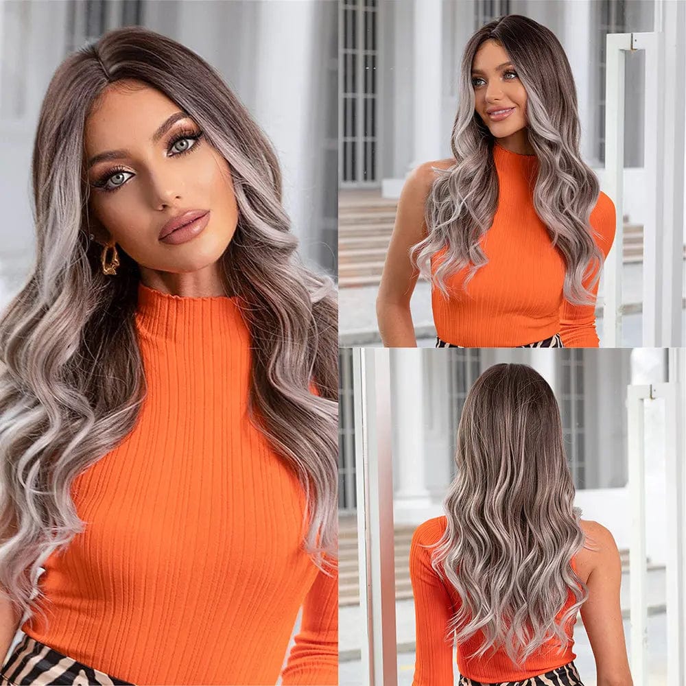 474 MOQ 1 Long Brown Water Wave Synthetic Wig Ombre Light Brown Wigs for Black Women Afro Natural Fluffy Heat Resistant Fibre