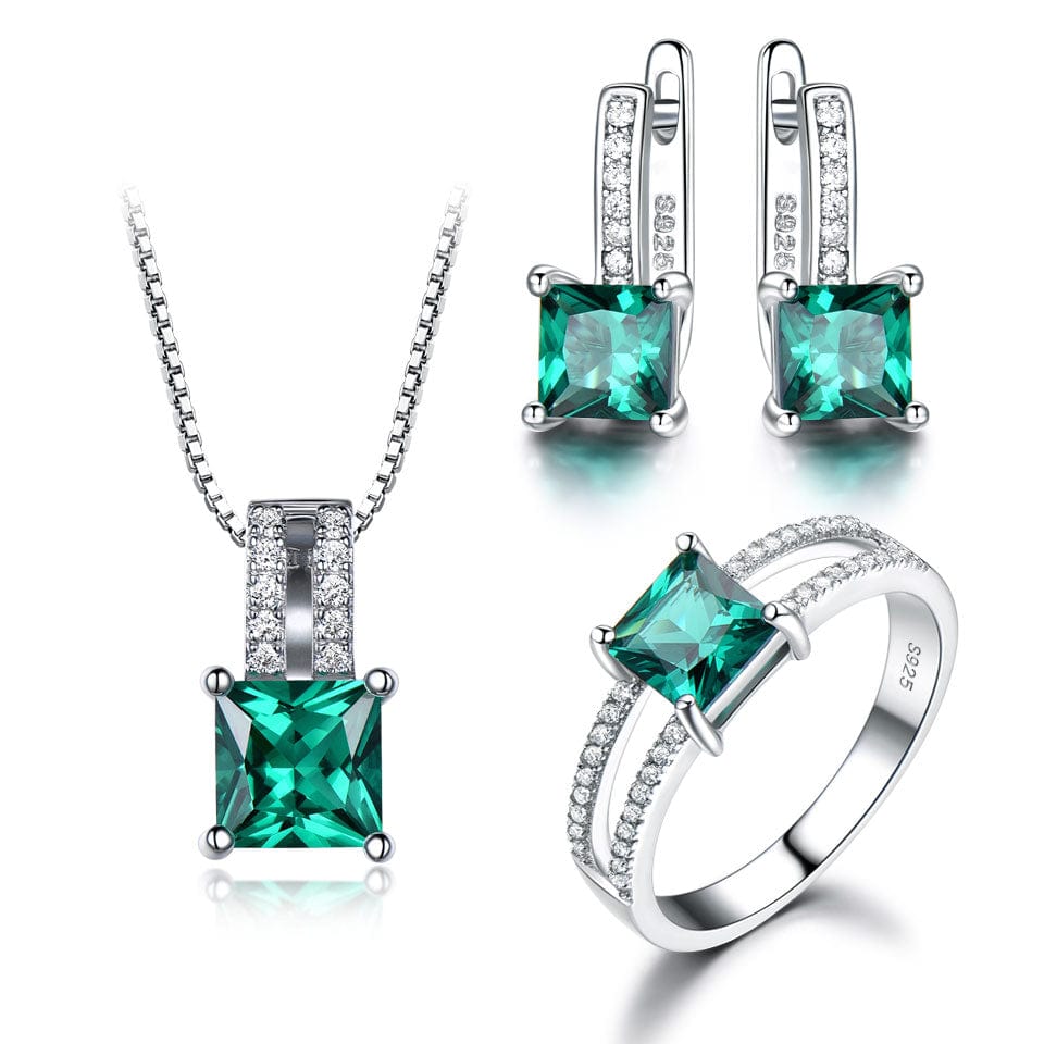 5 / green Genuine 925 Sterling Silver Jewelry Sets for Women Gemstone Emerald Ring Pendant Stud Earrings Wedding Engagement Jewelry