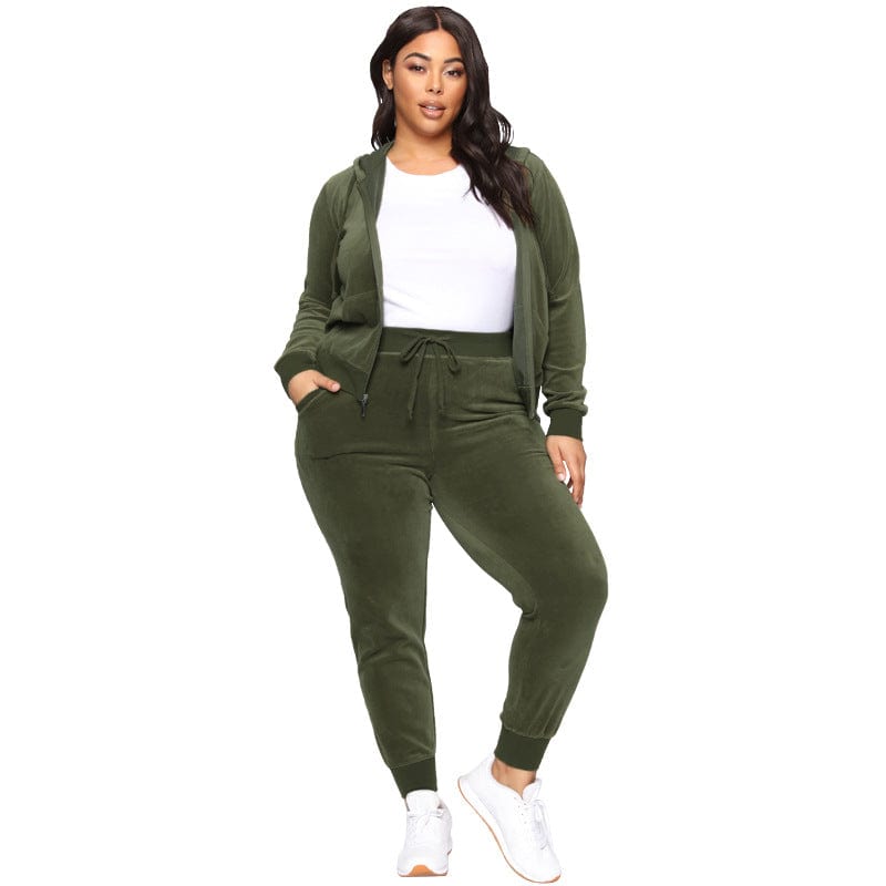 5 XL / dark green Oph002 2022 Wholesale High Quality Ladies New Velvet Hooded Two Piece Plus Size Women's clothing