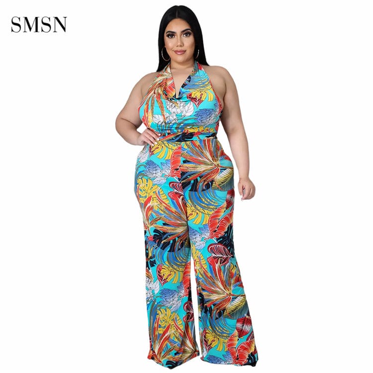 5 XL / Red Blue SMSN OSINA New Trendy Tropical Print Backless Halter Jumpsuit Pants Wide Leg Summer Plus Size Women Jumpsuits And Rompers