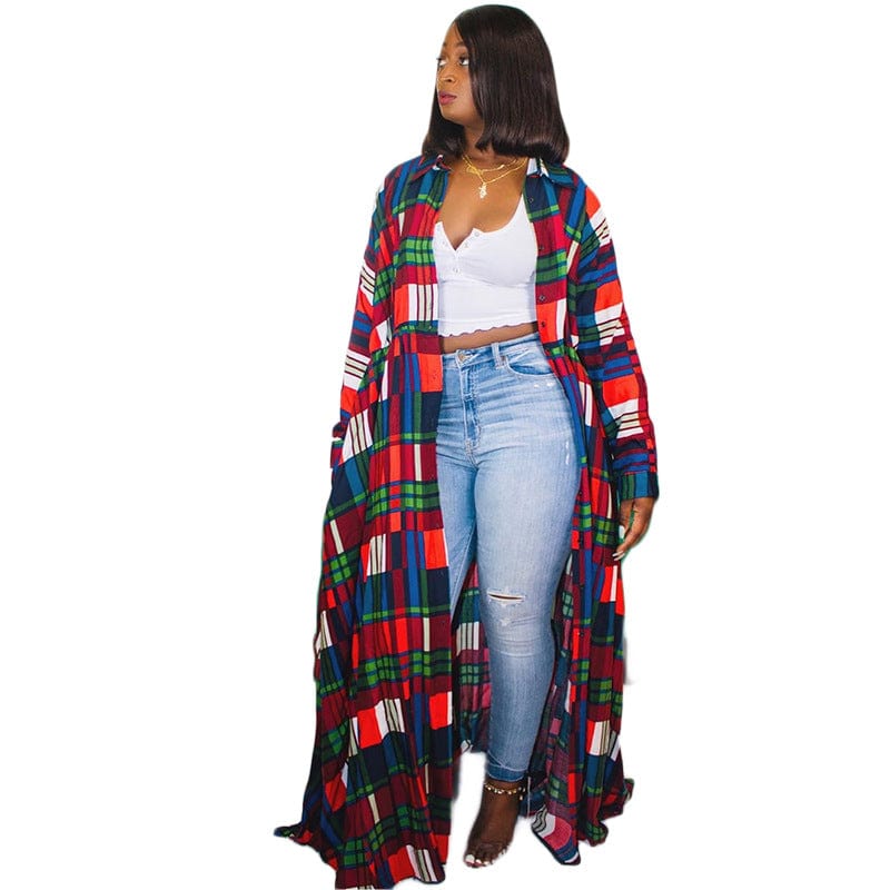 5 XL / Red C1104ME26 Street Style Plus Size Casual Plaid Print Loose Shirt Long Dress Women Sehe Fashion