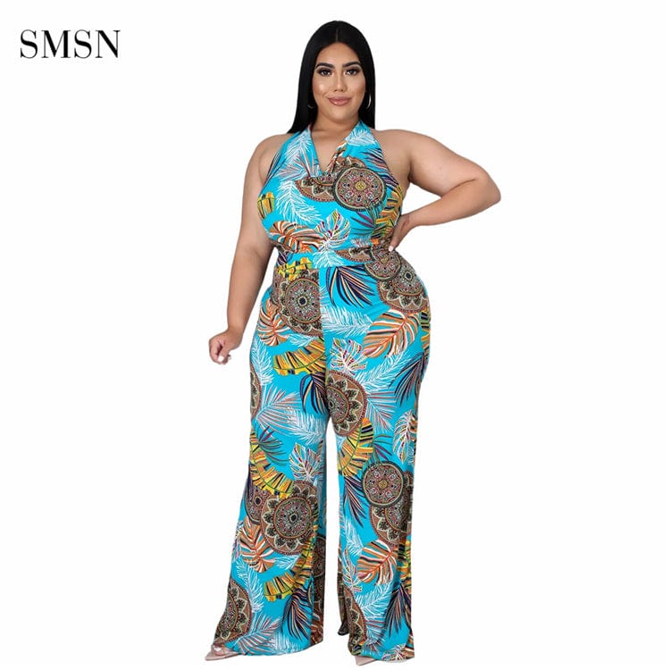 5 XL / Yellow Blue SMSN OSINA New Trendy Tropical Print Backless Halter Jumpsuit Pants Wide Leg Summer Plus Size Women Jumpsuits And Rompers