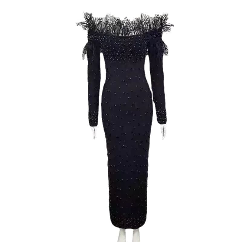 5XL / black / NO Latest Arrival Shoulder  SlimTight Nail Bead White Party Dress Long Sleeve Dresses Evening Dresses