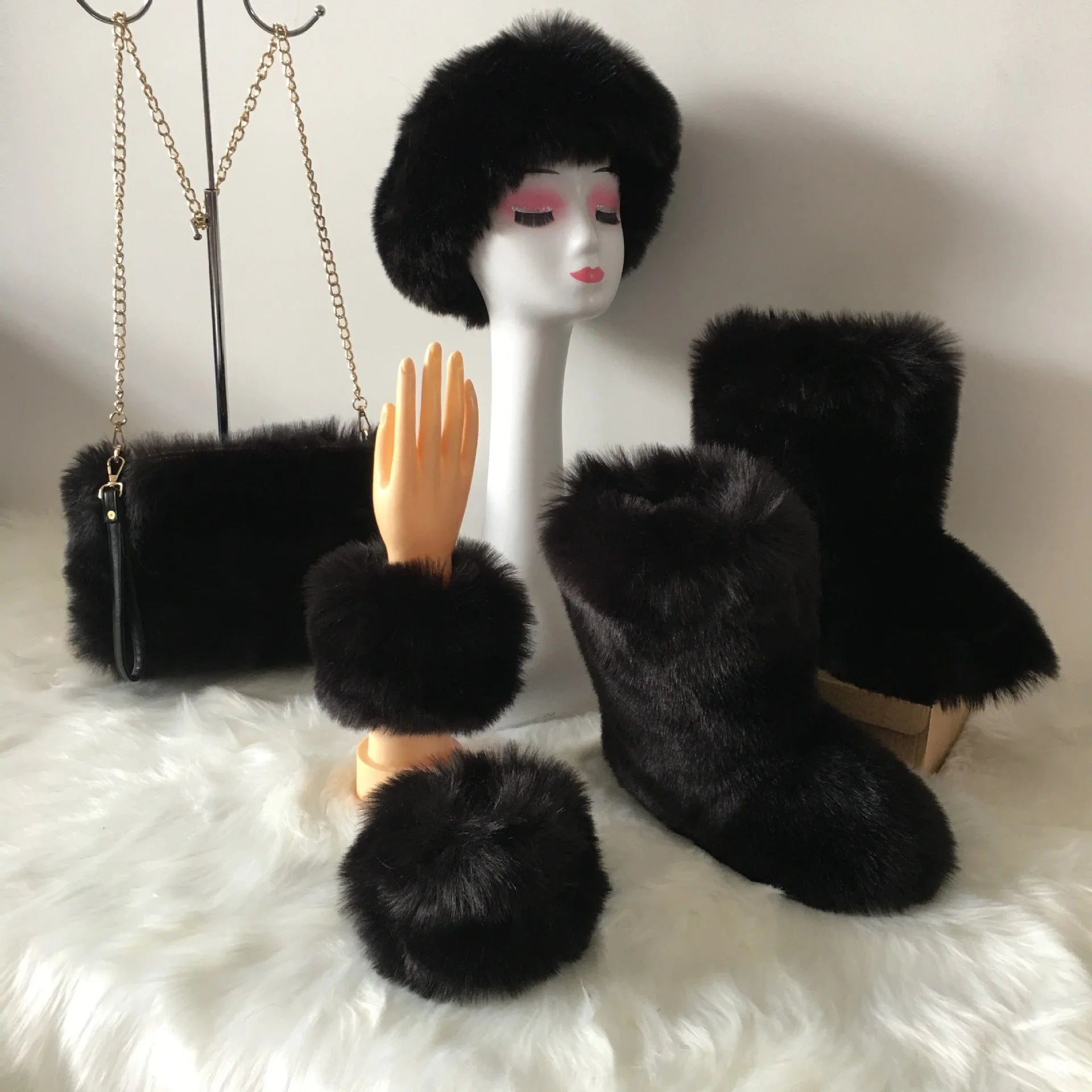 6 / 12 New Year Winter Warm Women's Four Piece Set Fur Bag Purse  Match Wrist Headwear Faux Fur headbands sleeve Mongolian Boots Sets