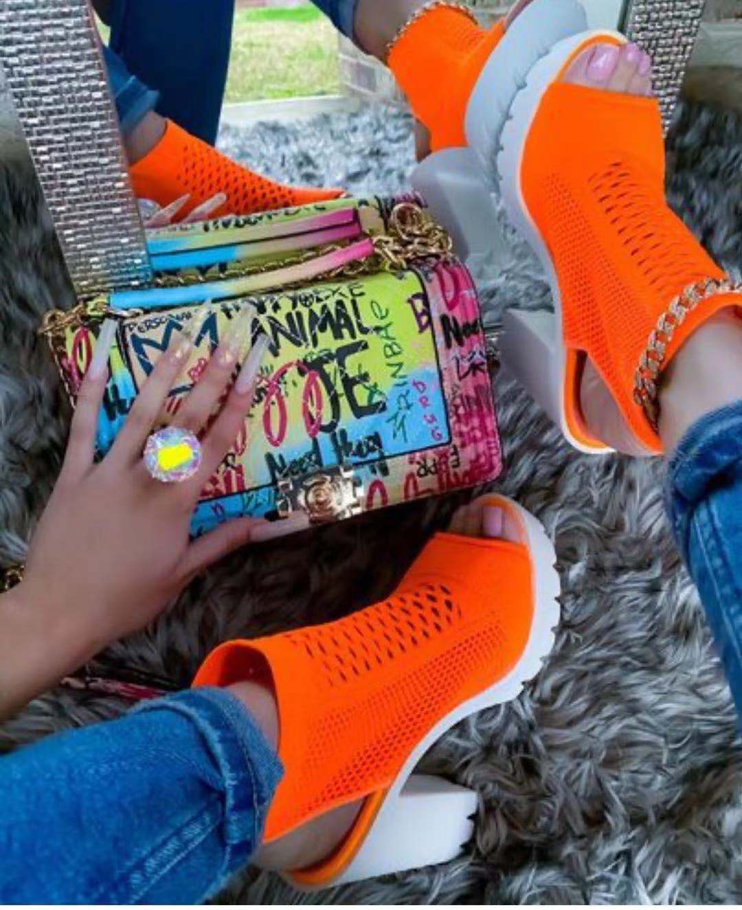 6.5(37) / Orange LESLIDES Block High Heels Peep Toe Ankle Boots Womens Slingback Wedge Sandals Platform Shoes