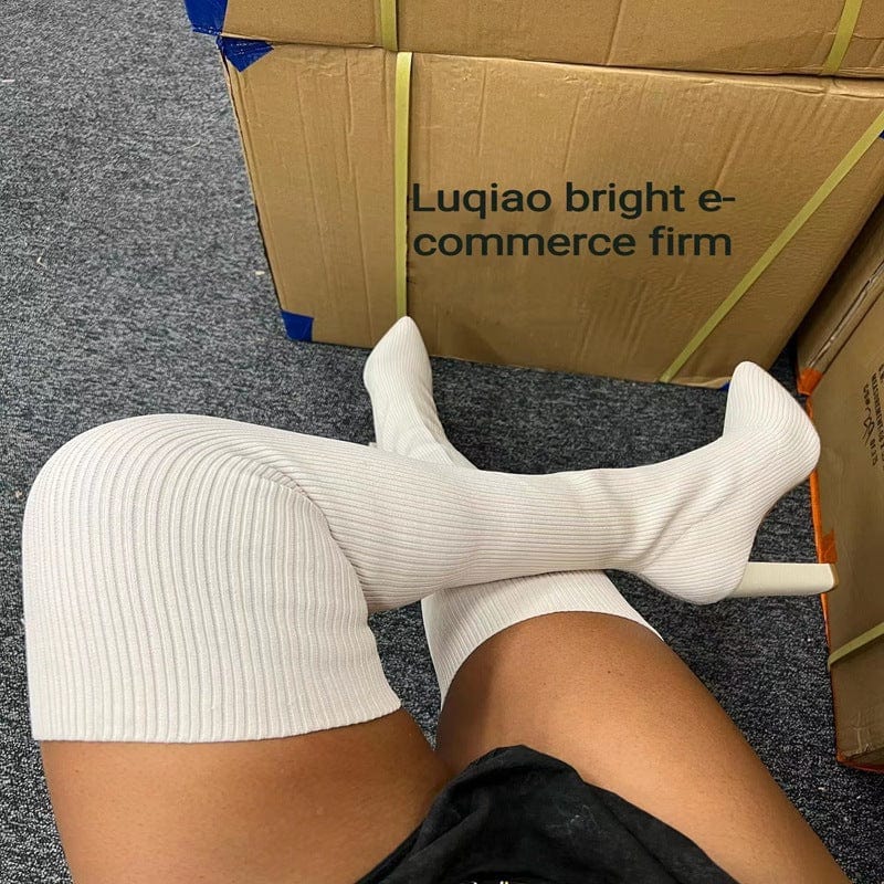 6.5 (EUR Size 37) / Beige LE SLIDES WinterPlus size elastic over-the-knee knitted boots fashion high-heeled thick-heeled wool socks boots