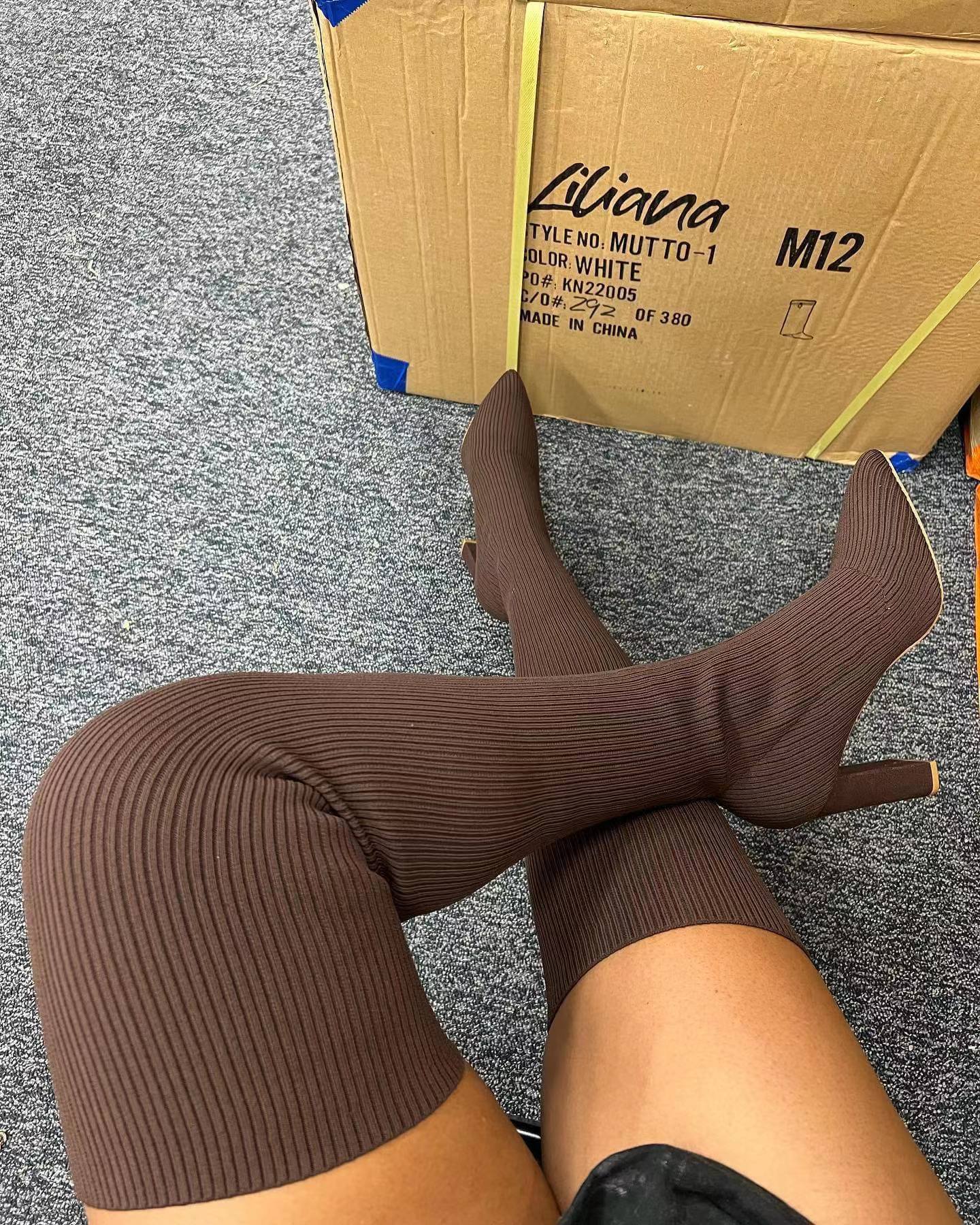 6.5 (EUR Size 37) / Brown LE SLIDES WinterPlus size elastic over-the-knee knitted boots fashion high-heeled thick-heeled wool socks boots