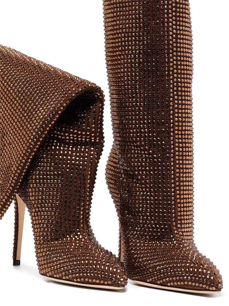 6 / Brown TX High Heel Rhinestone Point Toe Knee Boots Plus Size Women Boots