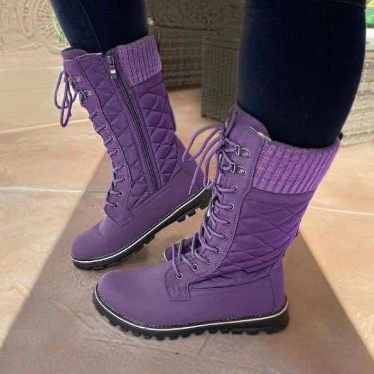 6 (EUR Size 36) / Purple Fashion Winter Western Riding Boots Midi Flat Classic Lace up High Cut Round Toe Combat Boots Women's Boots