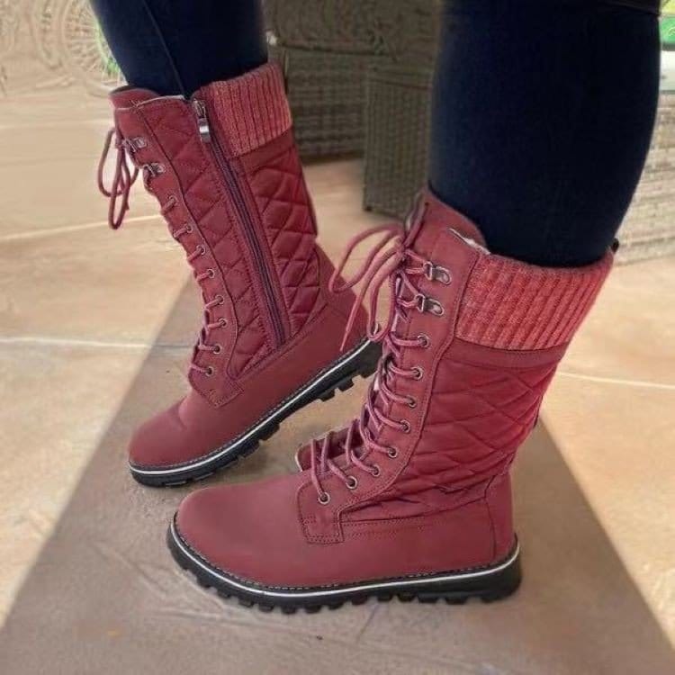 6 (EUR Size 36) / Red Fashion Winter Western Riding Boots Midi Flat Classic Lace up High Cut Round Toe Combat Boots Women's Boots