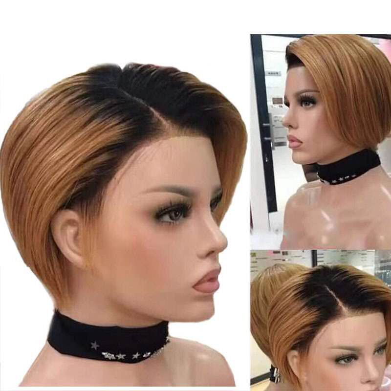 6 Inches / 1b/30 lace wig Raw peruvian virgin hair Pre Plucked Short Human Hair Wigs With Baby Hair Ombre 1b/30 Short Pixie Cut Wigs