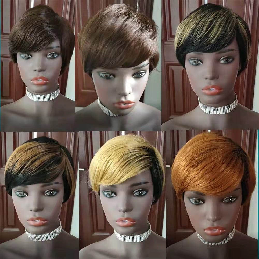 6 Inches / Black factory price short fashion style human hair wigs machine made pixie wigs