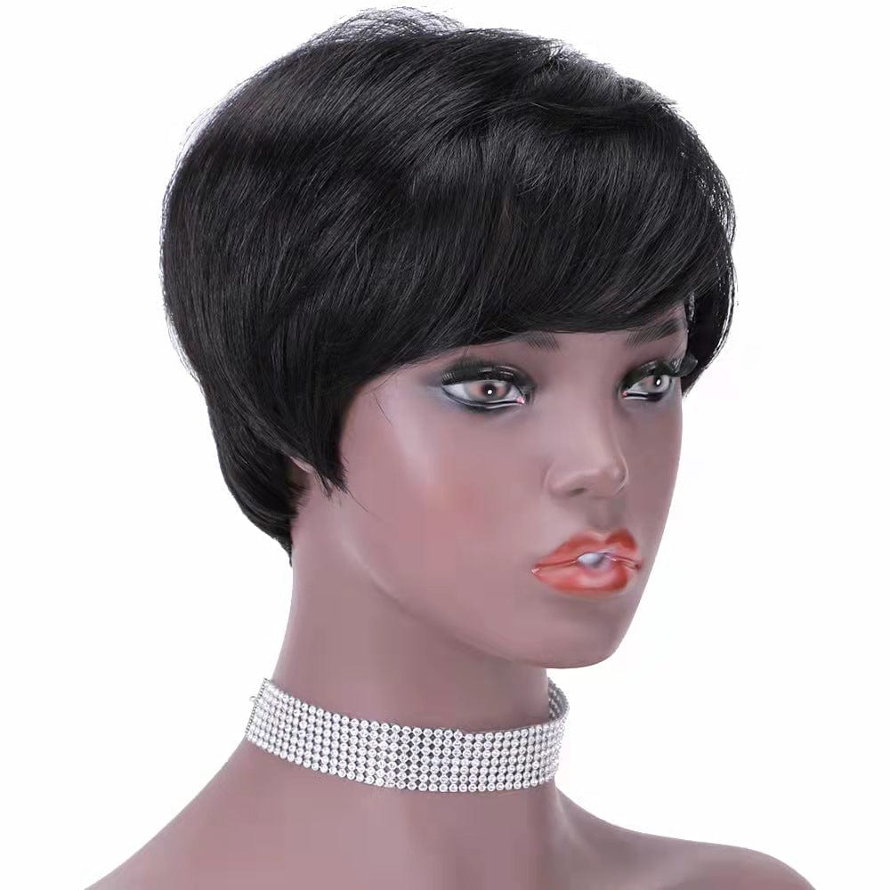 6 Inches / Black factory price short fashion style human hair wigs machine made pixie wigs