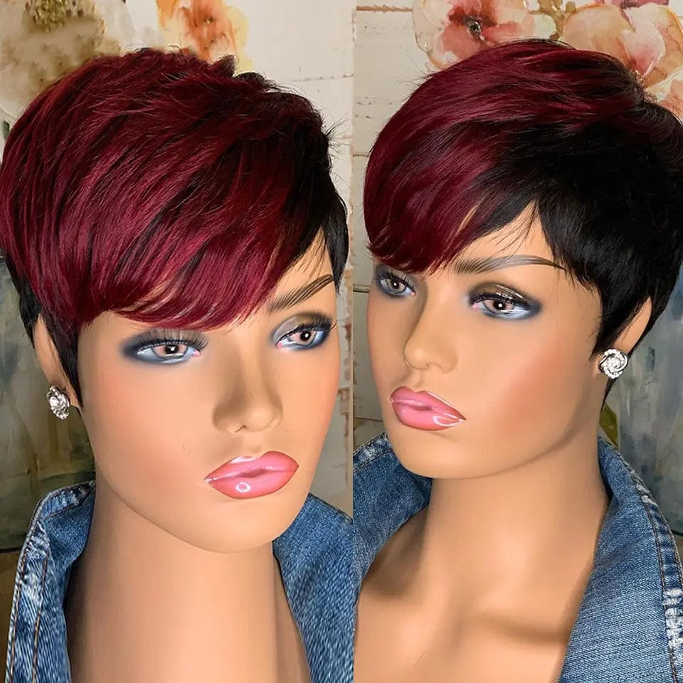 6 Inches / Highlight Burgundy Hot Selling Pixie Cut Bob Wig Highlight Brown Silky Straight Brazilian Human Hair None Lace Wigs