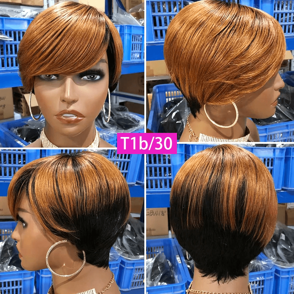 6 Inches / machine wig 1b/30 Raw peruvian virgin hair Pre Plucked Short Human Hair Wigs With Baby Hair Ombre 1b/30 Short Pixie Cut Wigs