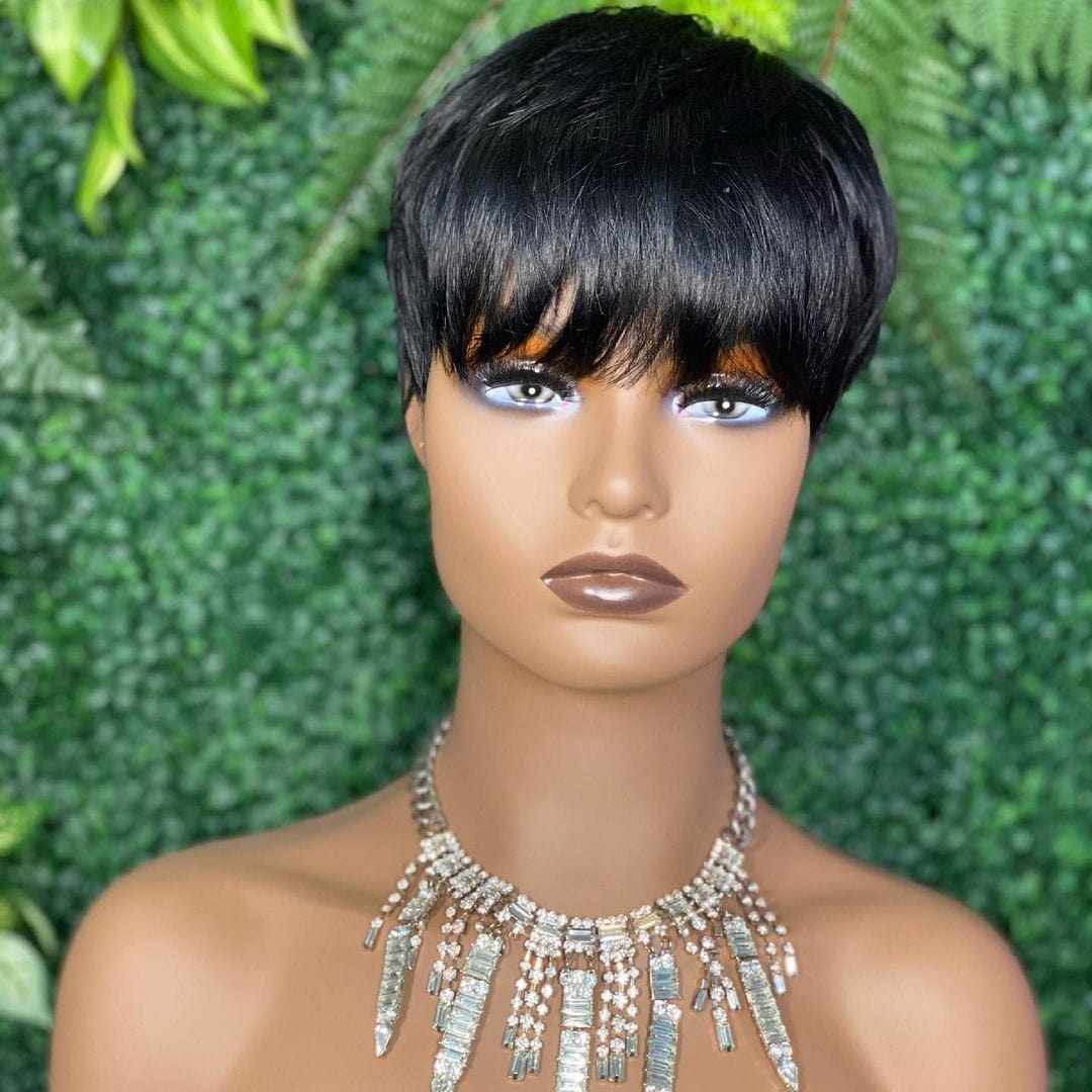 6 Inches / natural black Hot Beauty Brazilian Short Bob Pixie Cut With Bang Wholesale Full Machine Pixie Wigs Human Hair For Black Women