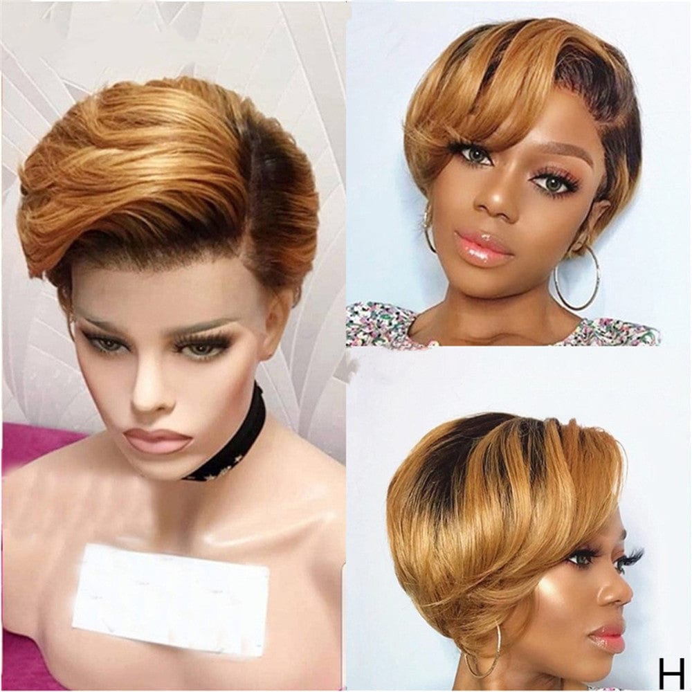 6 Inches / T30 Pre Plucked 13x4x1   Lace Front Wig Brown Ombre Human Hair Wigs for Women Straight Bob Pixie Cut Wig