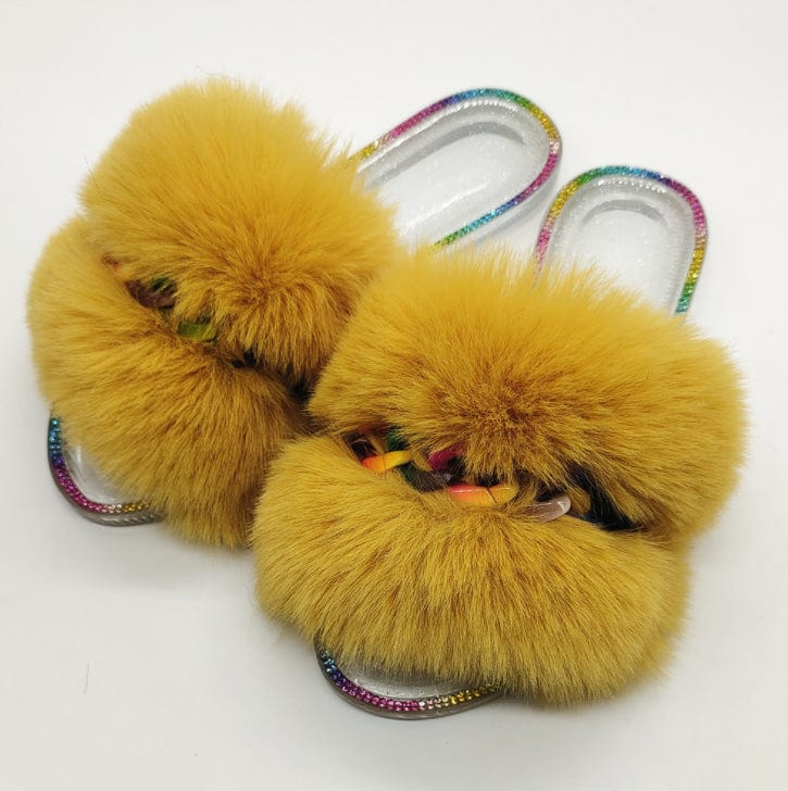 6 / Yellow 1 2022 Summer Women Flat Fur Slides for Women Rhinestone Casual Slides Jelly Sandals Ladies Fluffy Slippers