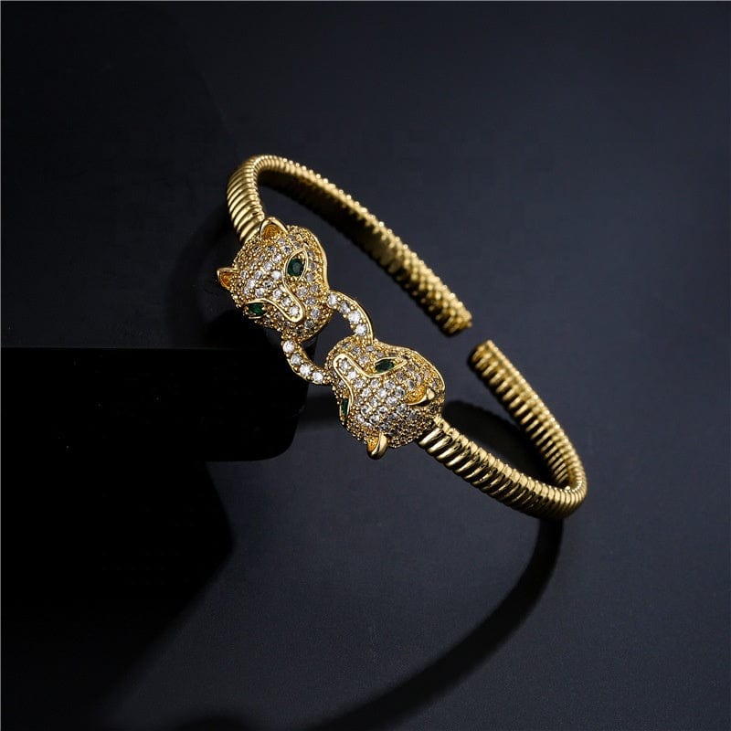 6cm / Gold shanghai Hot sell Women's Fashion Leopard Head 18K Real Gold Plated Micro Paved Zircon Bracelet Opening Adjustable Cuff Bangle