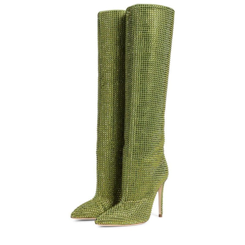 7 / green TX High Heel Rhinestone Point Toe Knee Boots Plus Size Women Boots