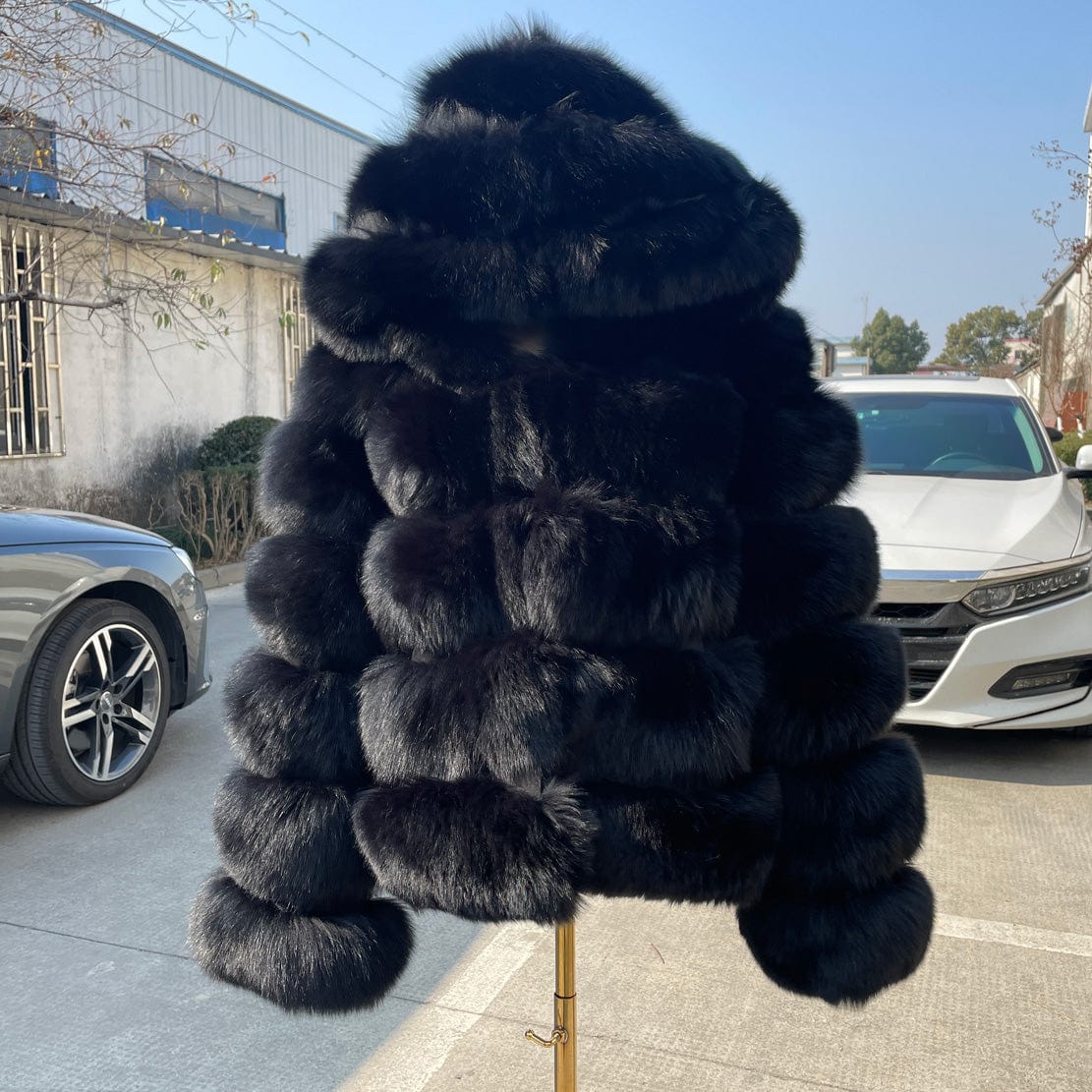 7 XL / Black QIUCHEN-QC8143  arrival thick fur coat real fox fur jacket with hood stand collar outfit hoodies plus size coats fo