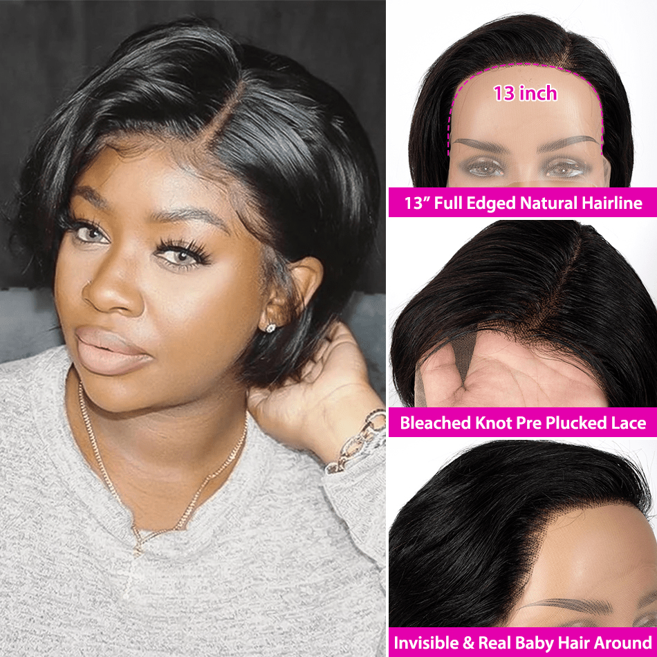 8 Inches / 13*4 frontal wig Straight Pixie Cut Wig Lace Front Human Hair Wig Preplucked For Black Women Transparent Lace Short Bob Wig Brazilian Remy