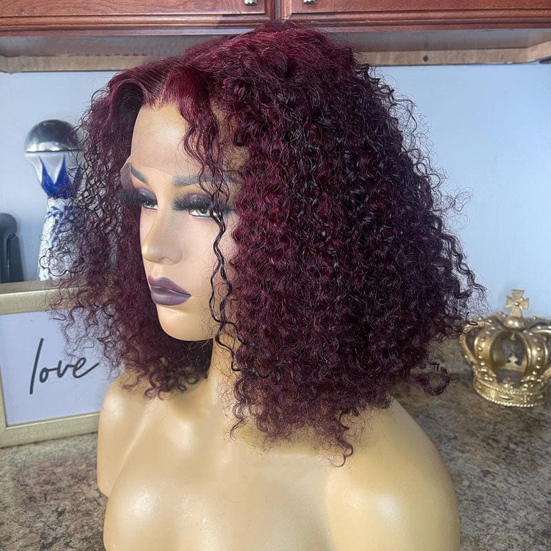 8 Inches / 180% Density Wholesale Deep Curly 360 Full HD Lace Frontal Human Hair Wig # 99J Short Bob Lace Front Wigs for Black Women